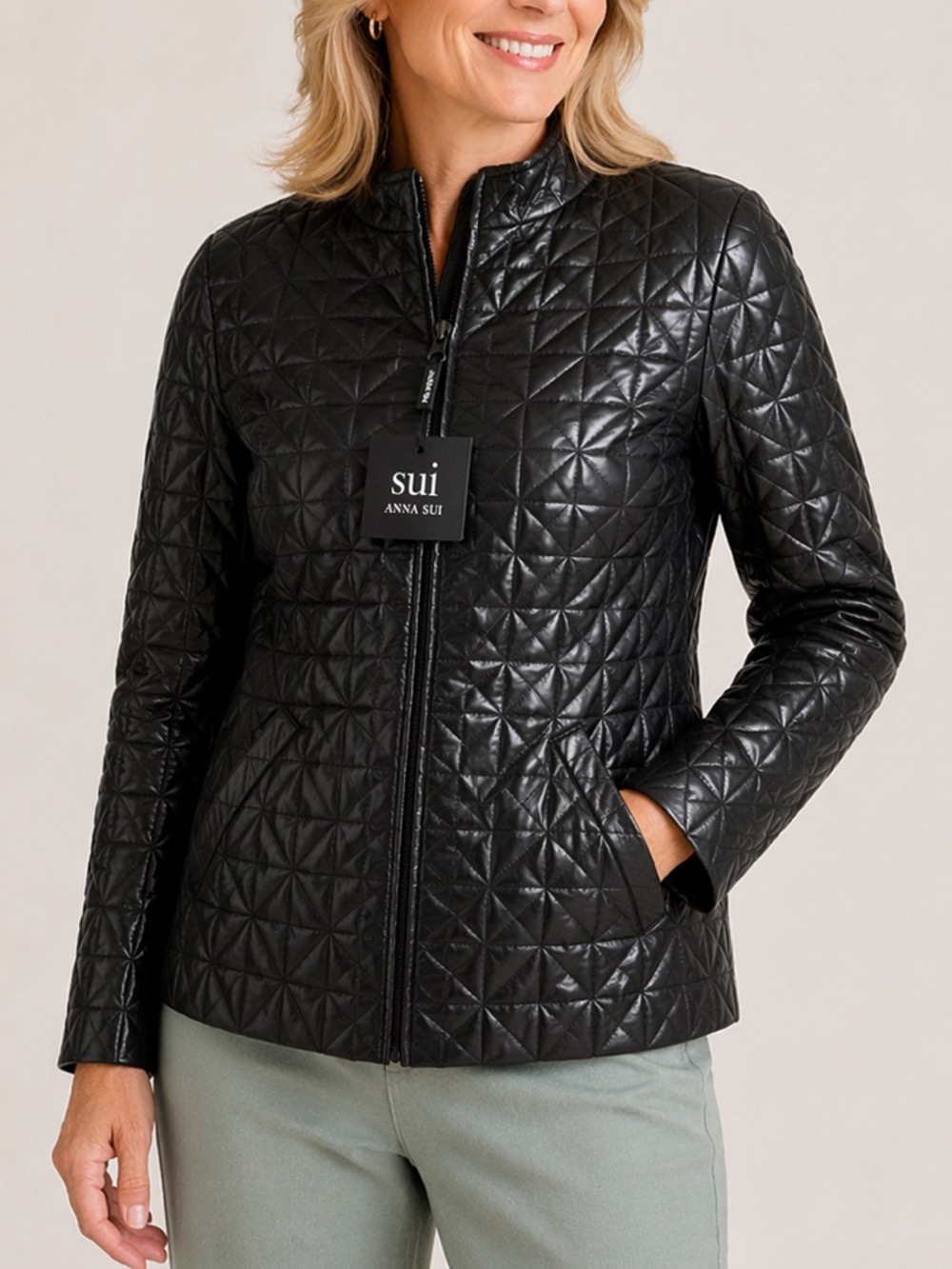 Sui Anna Sui Charcoal Black Diamond Quilted Lightweight Jacket size 38